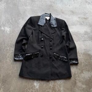 Vintage Focus 2000 black 100% wool double breasted suit jacket with leather